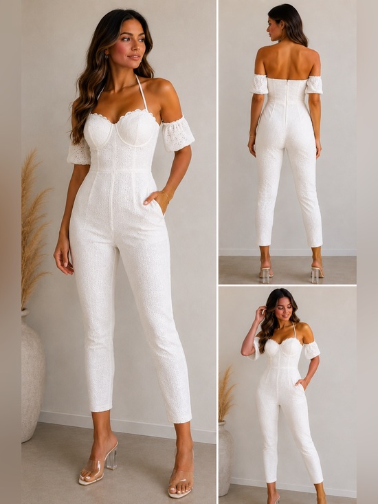 bebe Pants - bebe White Off-Shoulder Eyelet Jumpsuit